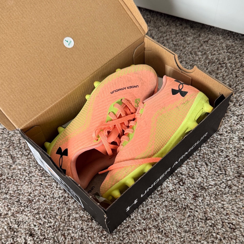Under Armour Kids Coral & Lime Soccer Cleats